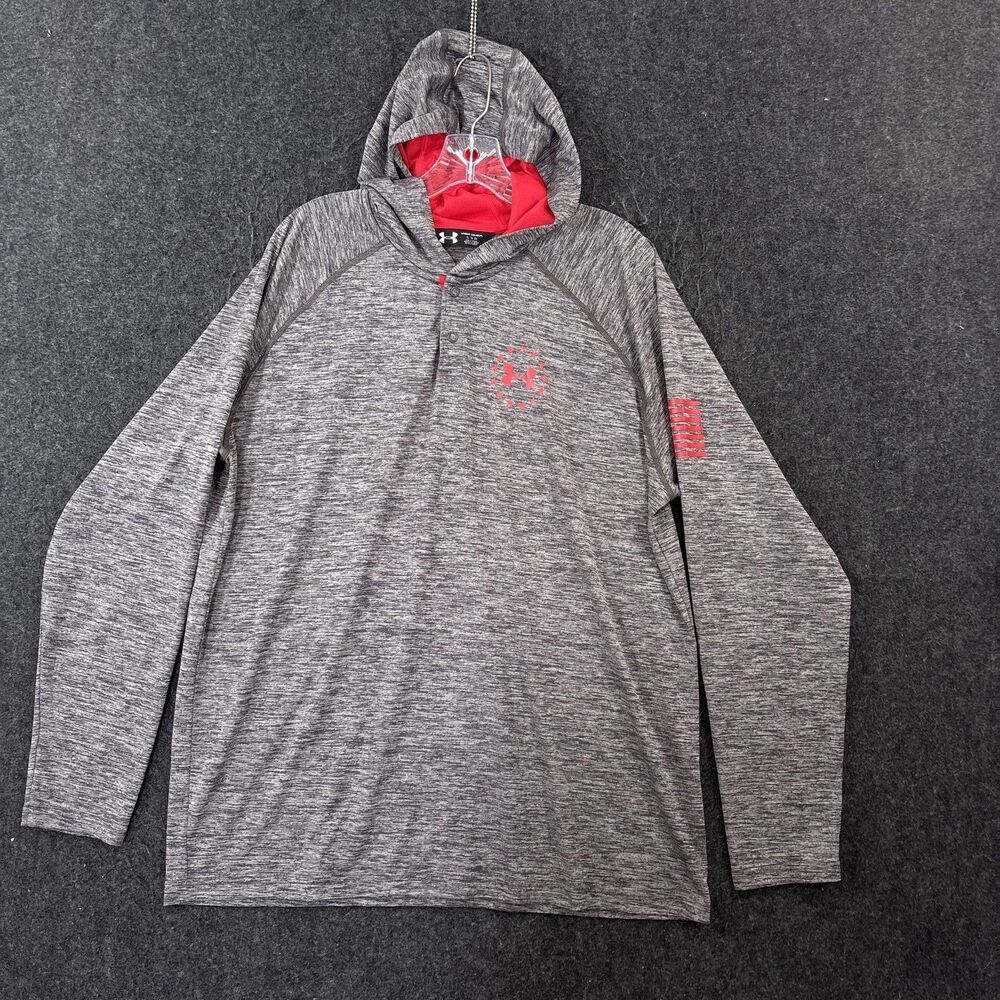 Under Armour Freedom Tech Hoodie Mens XL Gray Red Henley Patriotic Flag Pullover